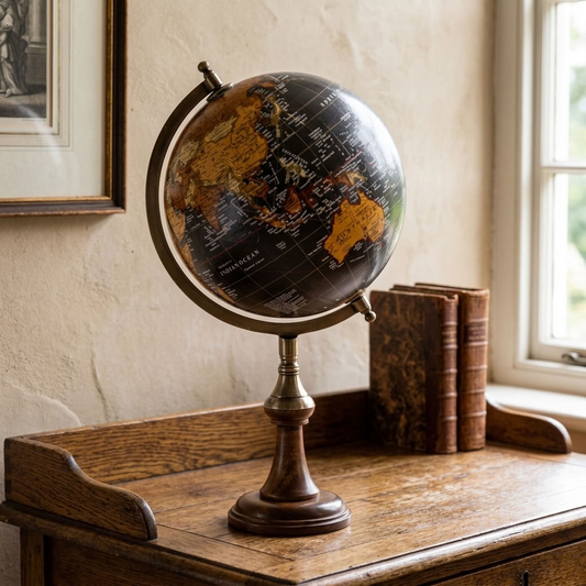 Antique black and amber world globe on a brass and wooden stand displayed on an aged oak writing desk beside vintage books.