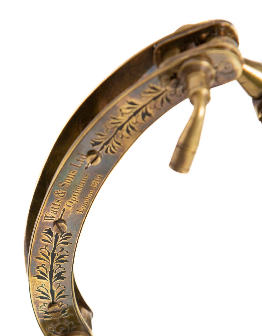 Antique Brass Magnifying Glass close-up showing the engraved detailing and adjustable curved stand