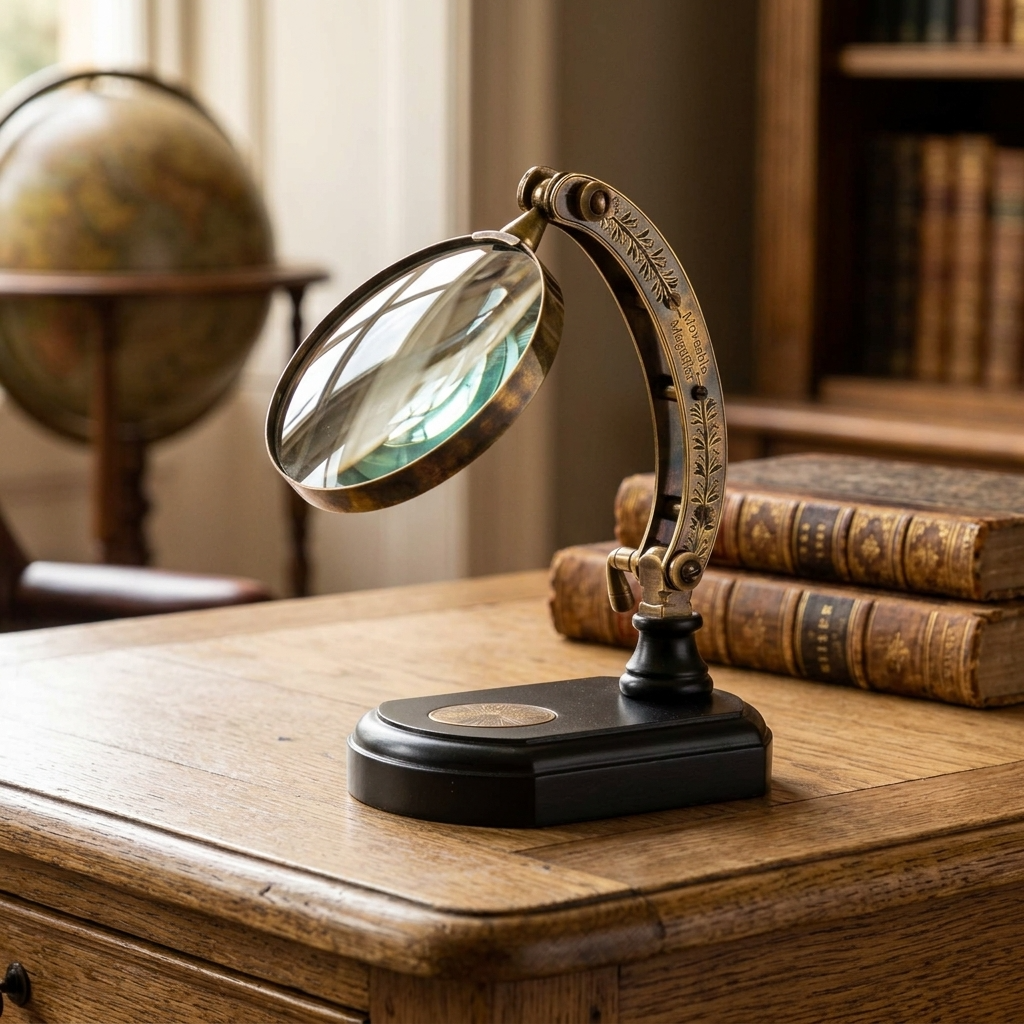 Antique brass magnifying glass on a black stand displayed with vintage books on a traditional oak writing desk.