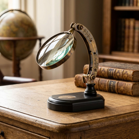 Antique brass magnifying glass on a black stand displayed with vintage books on a traditional oak writing desk.