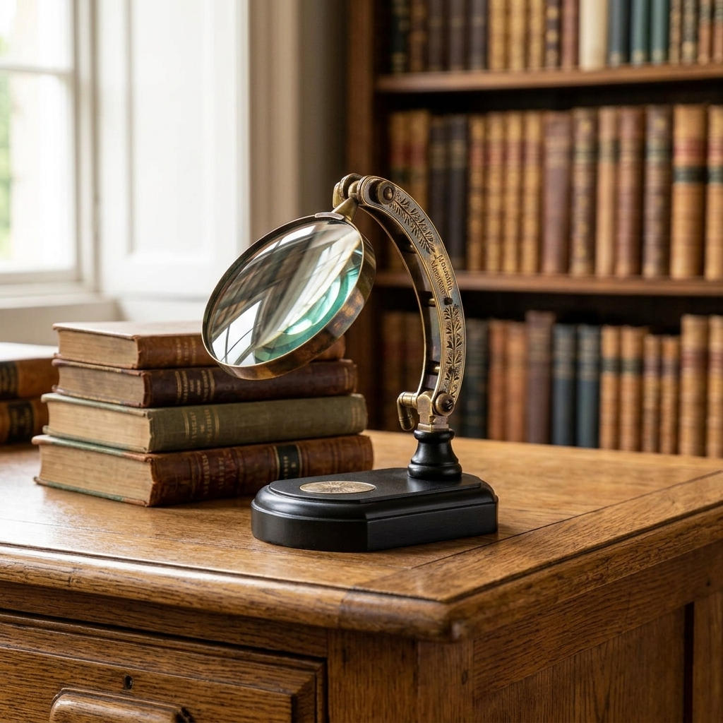 Antique brass magnifying glass on a black stand displayed with vintage books on a traditional oak desk in a warmly styled home library.
