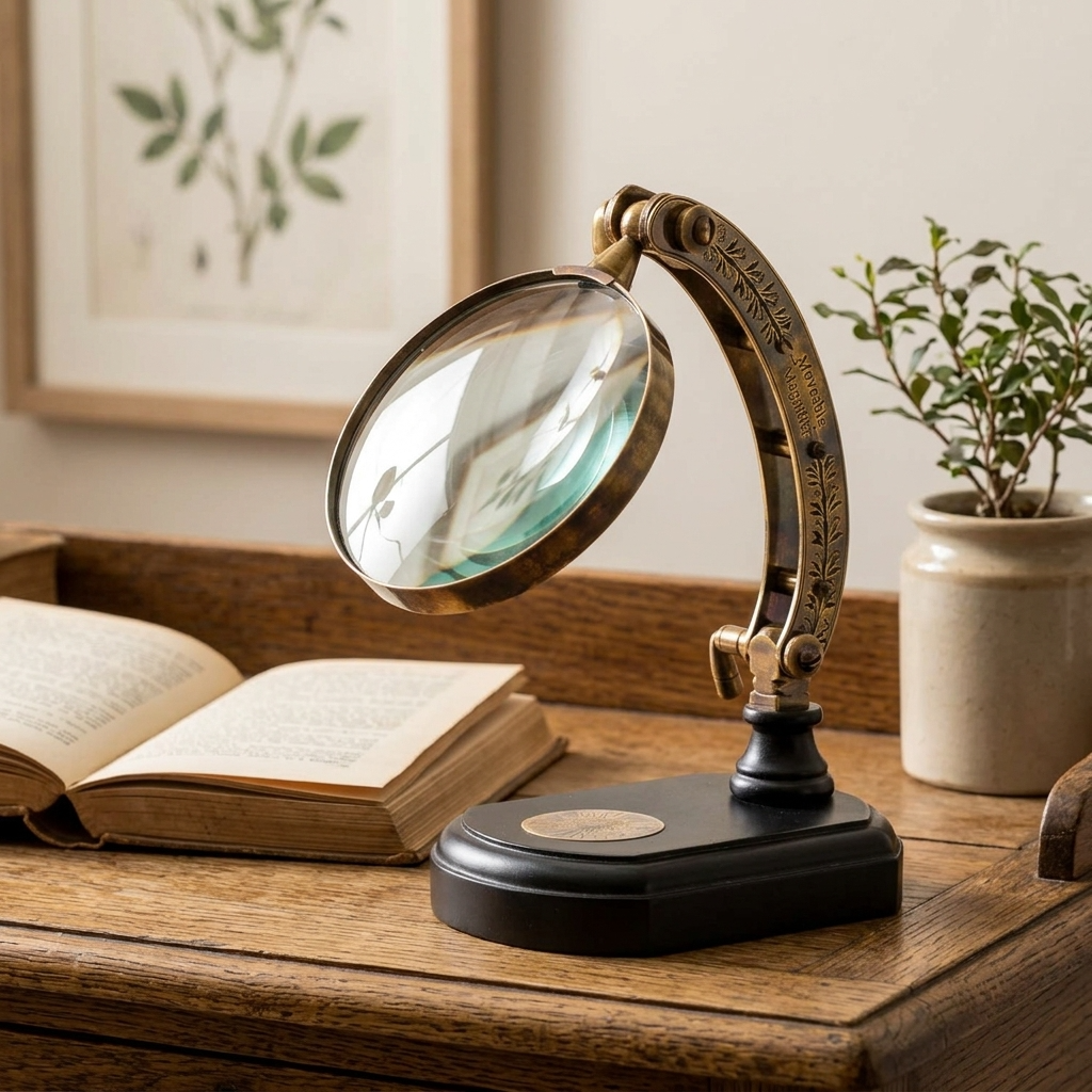 Antique brass magnifying glass on a black stand styled beside an open book with botanical artwork and subtle greenery on a traditional oak desk.