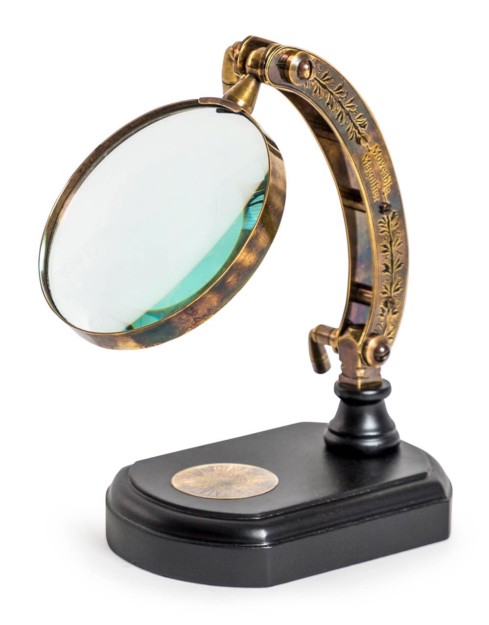 Antique Brass Magnifying Glass on Adjustable Stand with circular lens, decorative brass-effect frame and black base