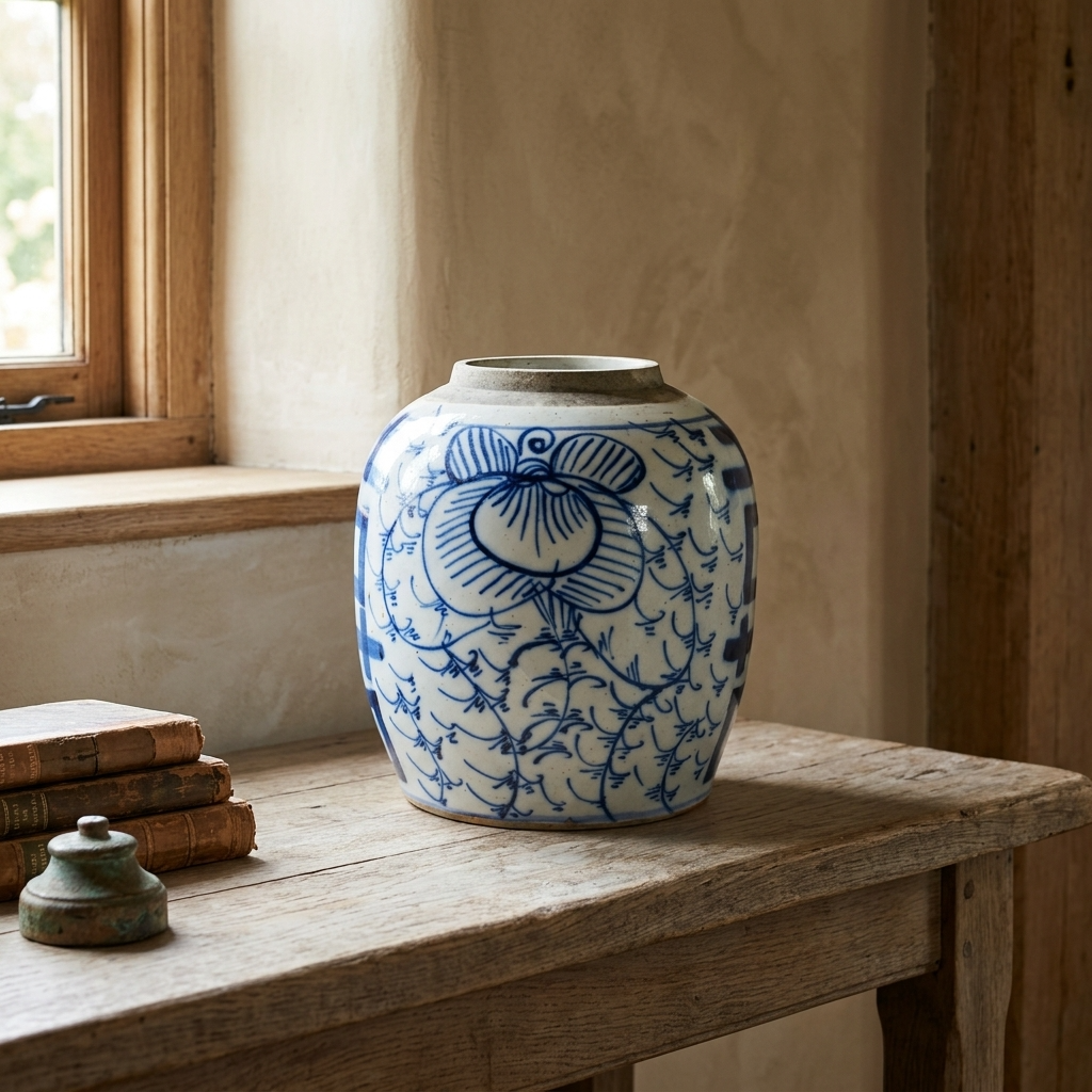 Antique Chinese blue and white porcelain jar styled on an aged wooden table in a warm country house interior