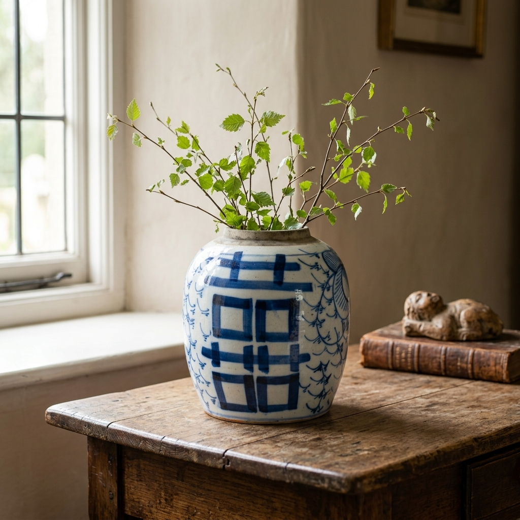 Antique Chinese blue and white porcelain jar styled with delicate green foliage on a rustic wooden table in a country interior