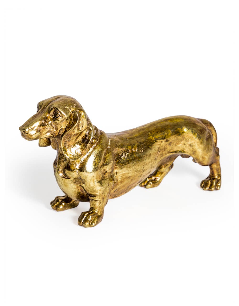 Antique Gold Dachshund Figure with a long sculpted body, short legs and floppy ears in a textured gold finish