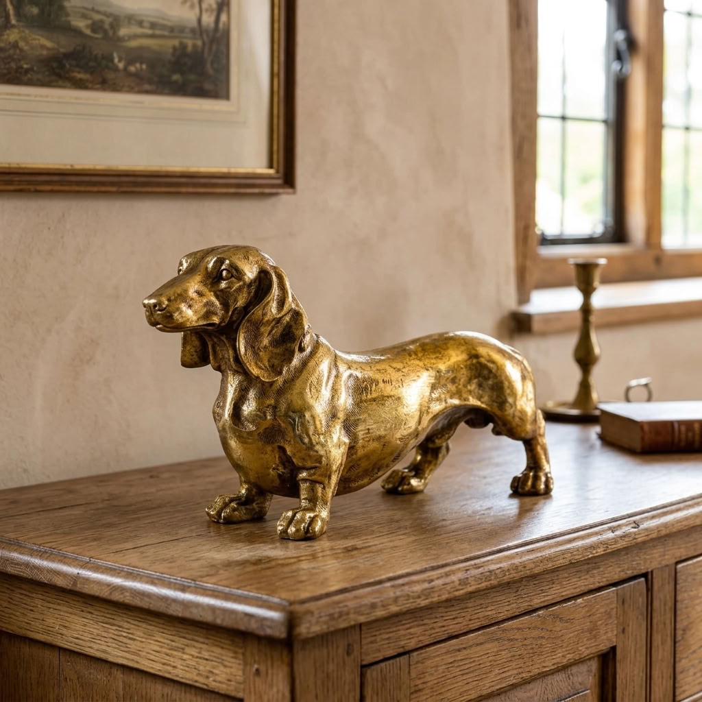 Antique Gold Dachshund Figure displayed on a traditional oak sideboard with warm natural light and framed artwork.