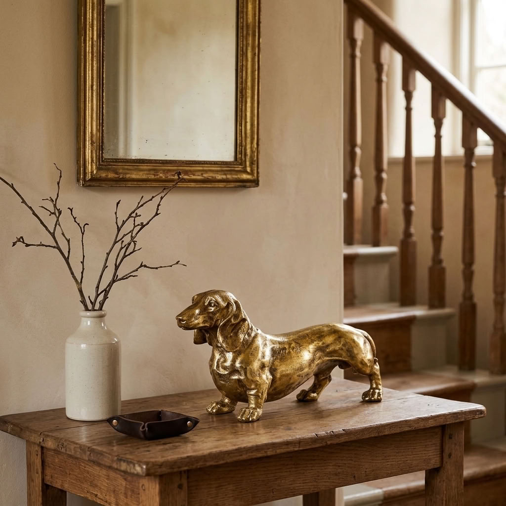Antique Gold Dachshund Figure styled on a traditional oak hall table beneath an antique mirror beside a staircase.