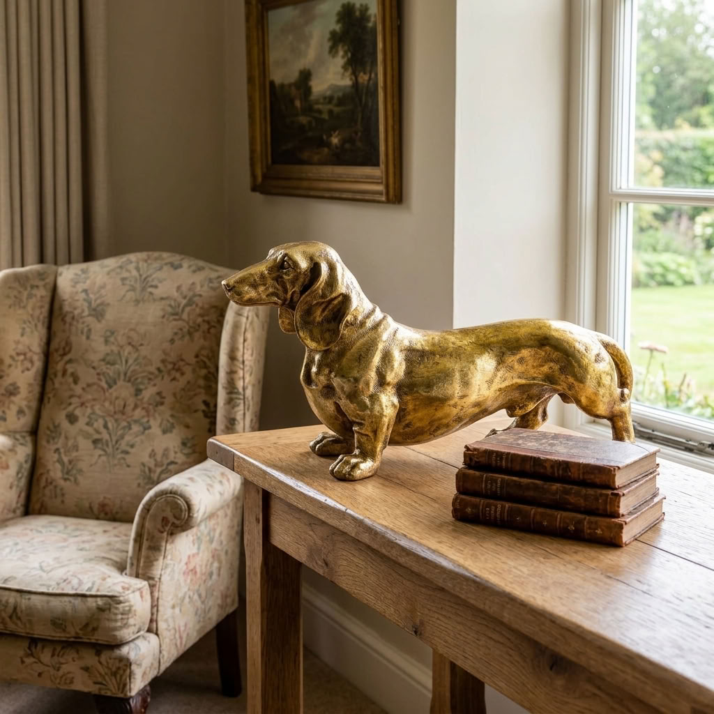 Antique Gold Dachshund Figure displayed on a rustic oak table beside antique books in a traditional sitting room with an upholstered armchair and fireplace.