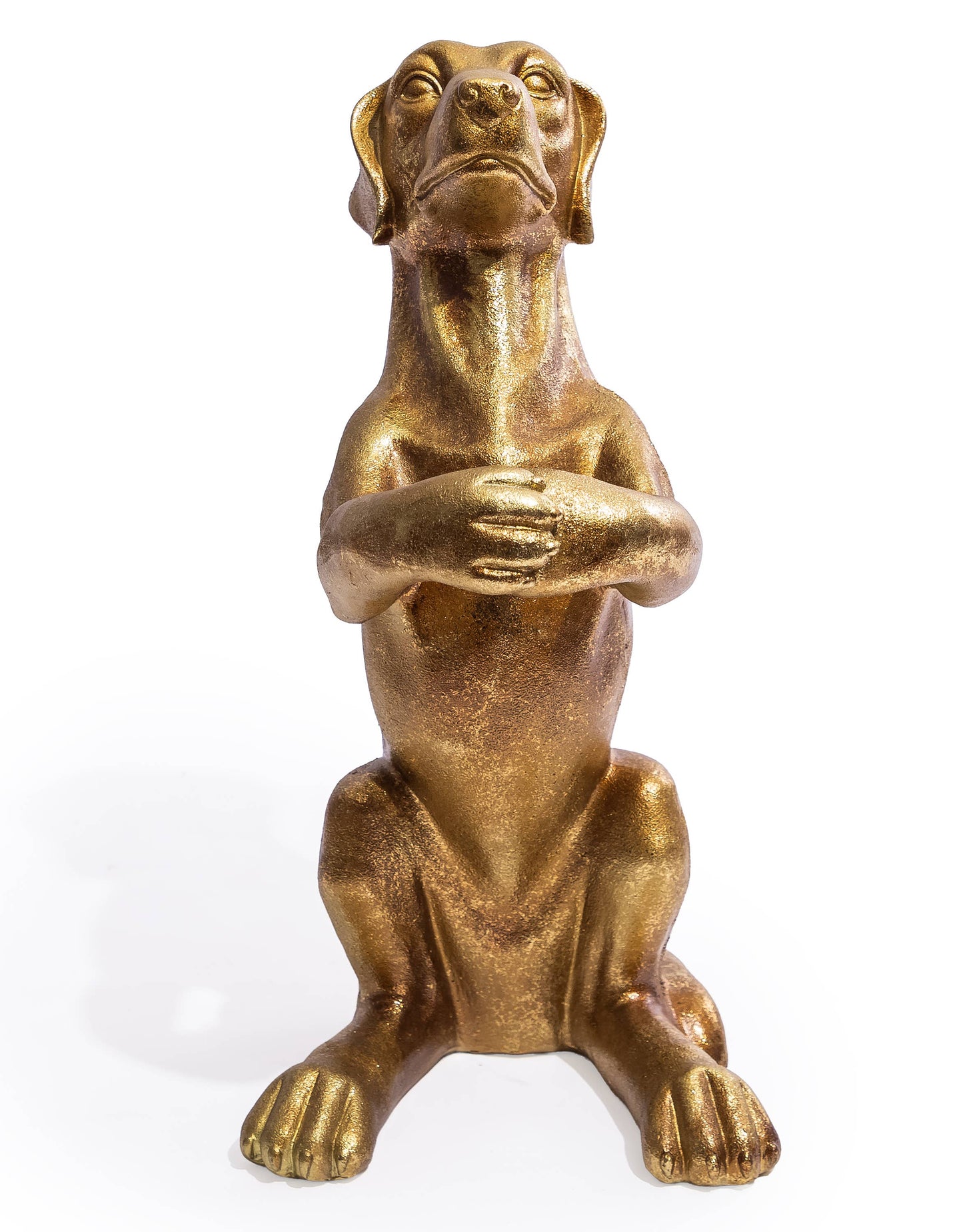 Antique Gold Helpful Hound Umbrella Stand shown from the front with its paws together ready to hold umbrellas