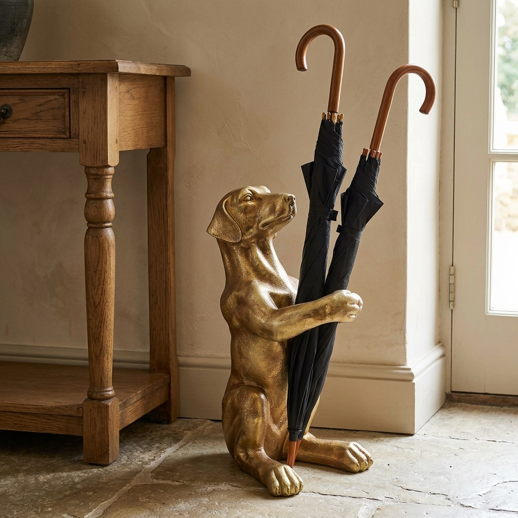 Antique gold hound umbrella stand holding black umbrellas beside a traditional timber console on a natural stone floor.