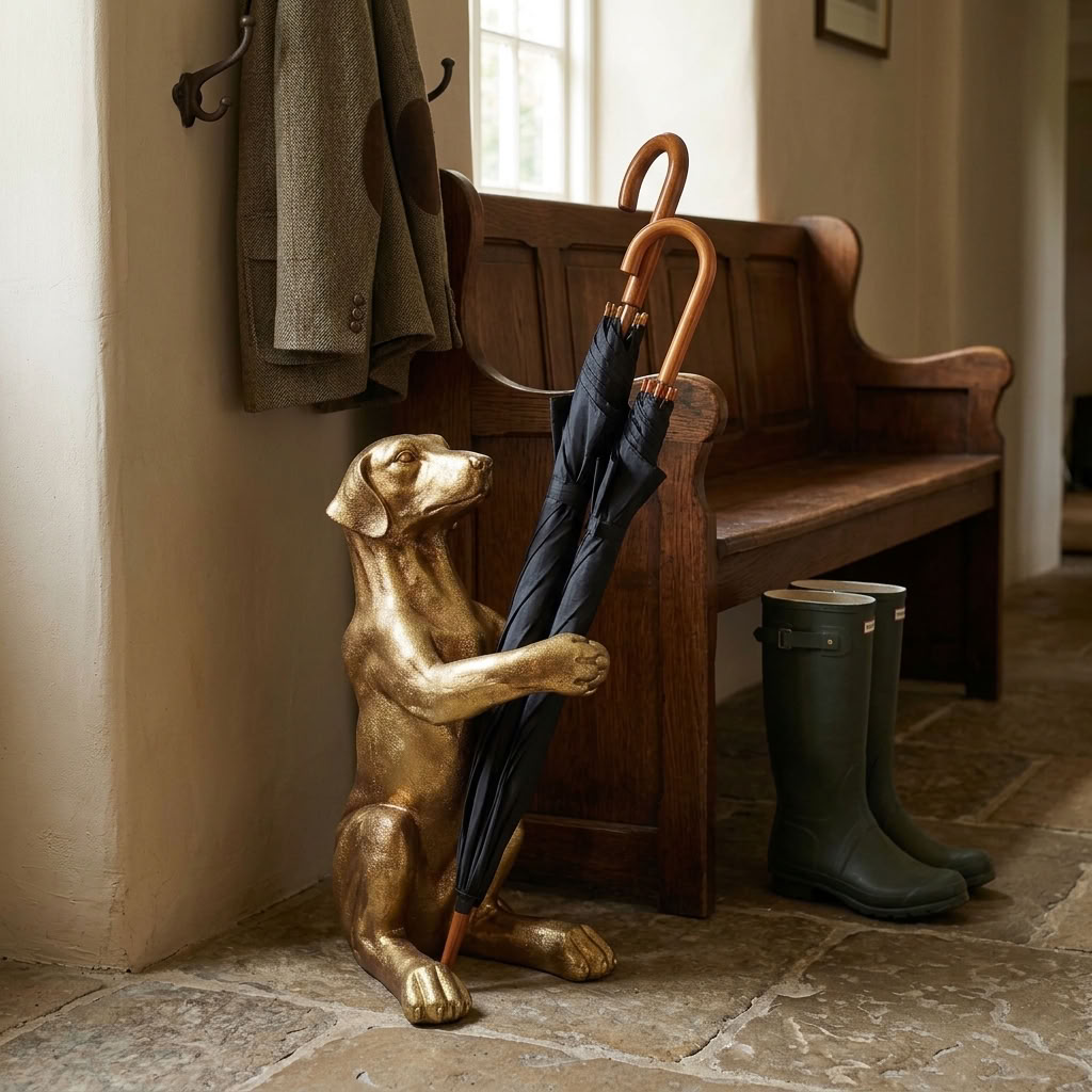 Antique gold hound umbrella stand holding black umbrellas beside an oak bench and wellington boots in a traditional boot room.