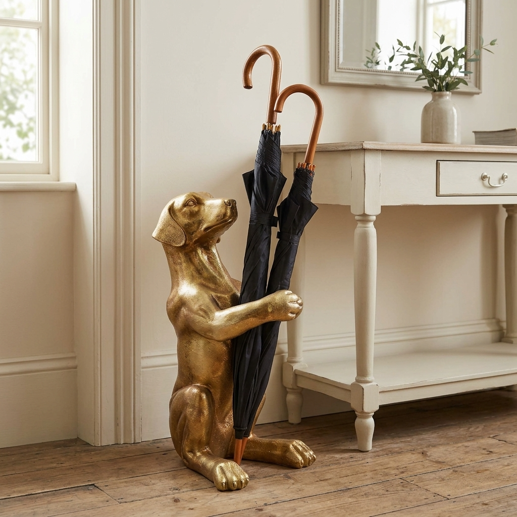 Antique gold hound umbrella stand holding black umbrellas beside a painted console table in a light, naturally styled hallway.