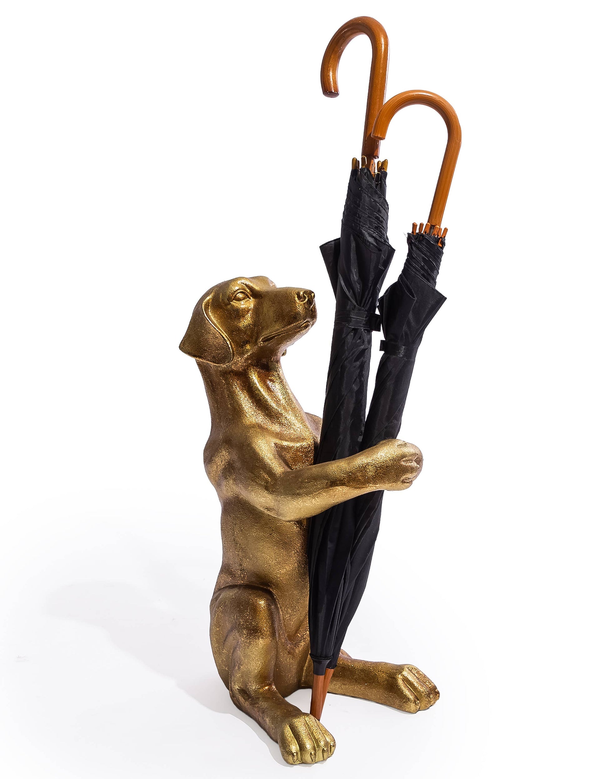Antique Gold Helpful Hound Umbrella Stand holding two umbrellas within its outstretched paws