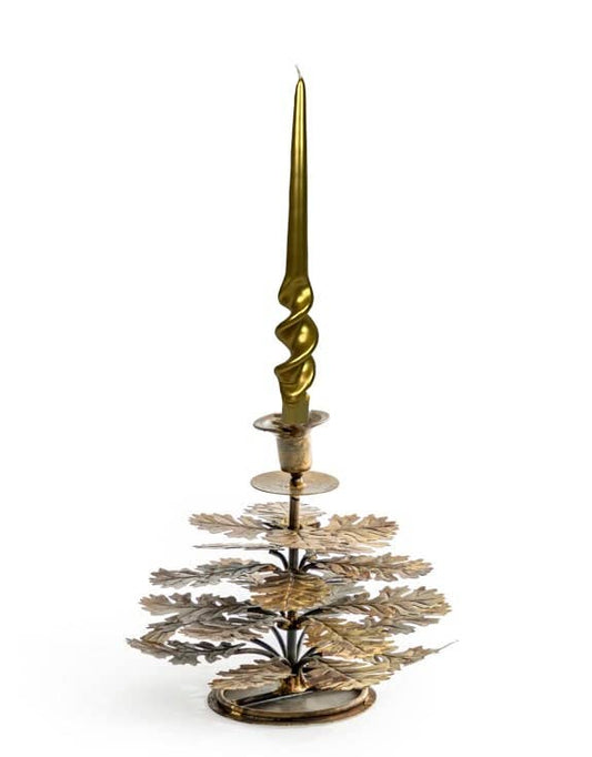 Antique Gold Oak Leaf Candle Holder with layered sculpted oak leaves and tall taper candle against a white background
