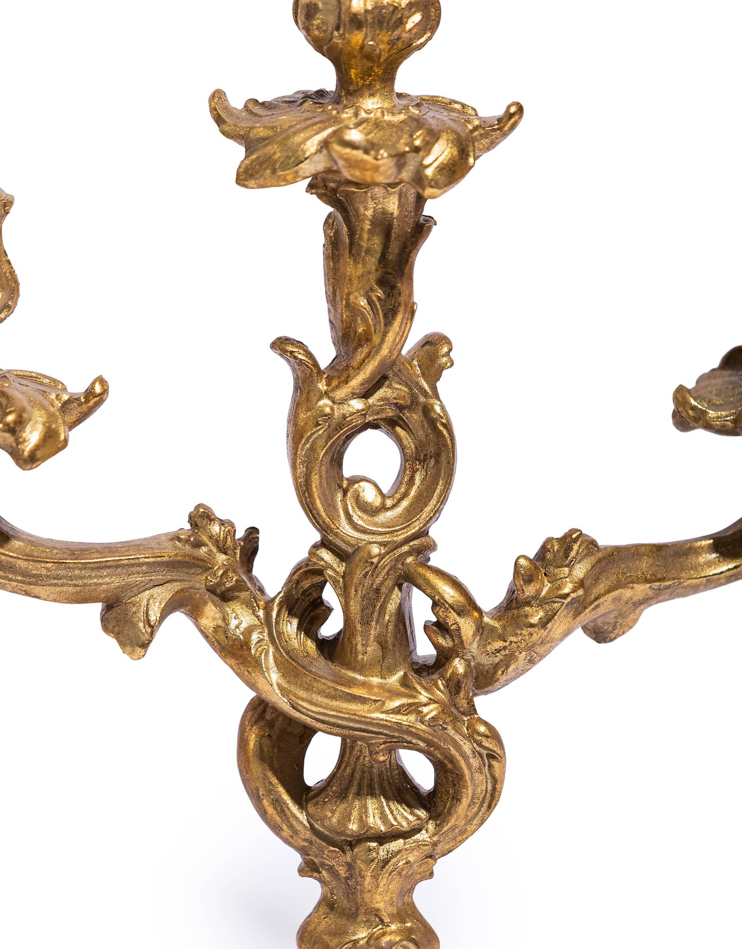 Antique Gold Ornate Candelabra close-up showing the scrolling decorative arms and aged gold finish