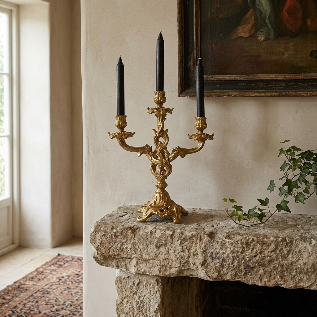 Antique gold ornate three-arm candelabra with black taper candles displayed on a natural stone mantelpiece beneath traditional framed artwork.