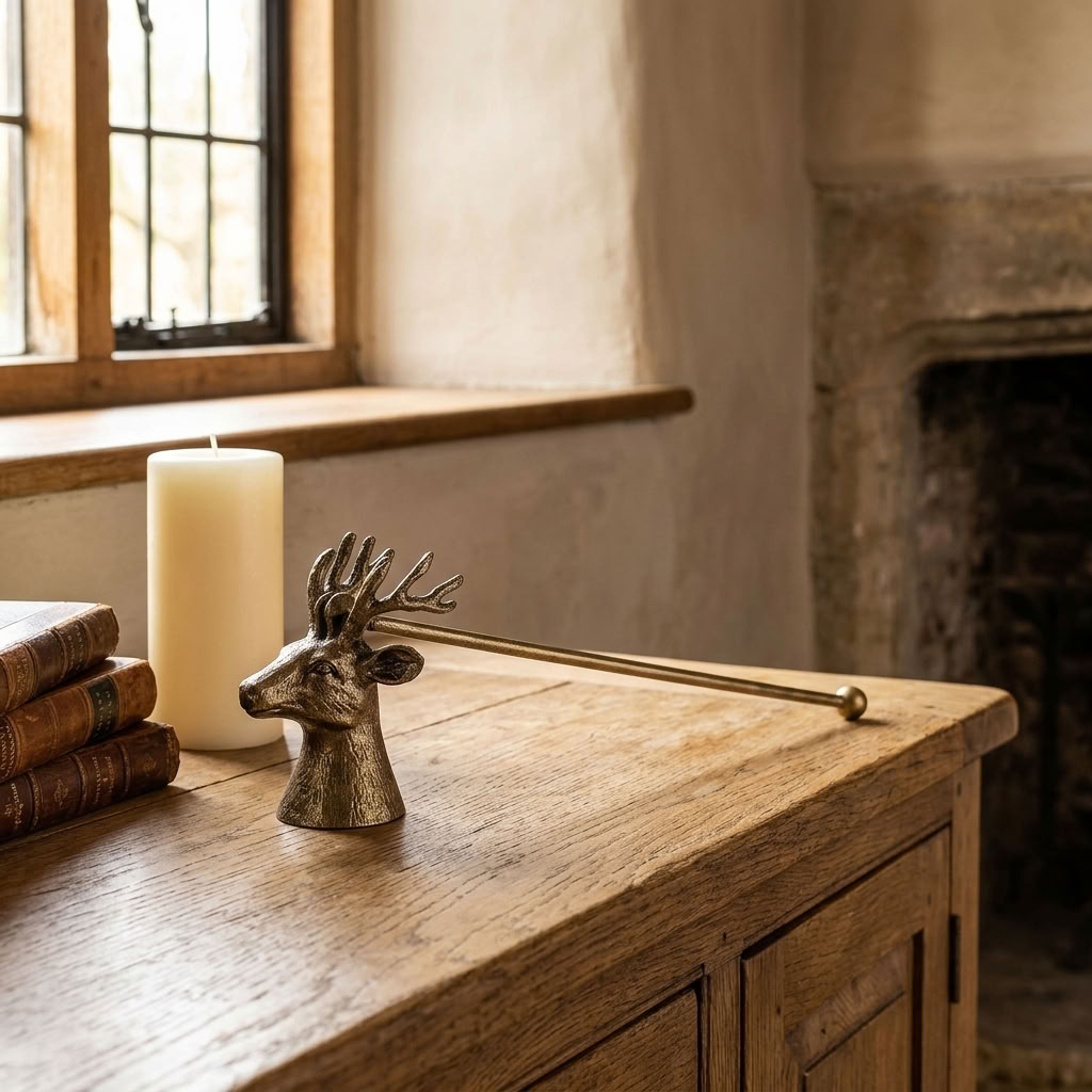 Antique Gold Stag Candle Snuffer displayed on a rustic oak sideboard beside an ivory pillar candle and antique books.
