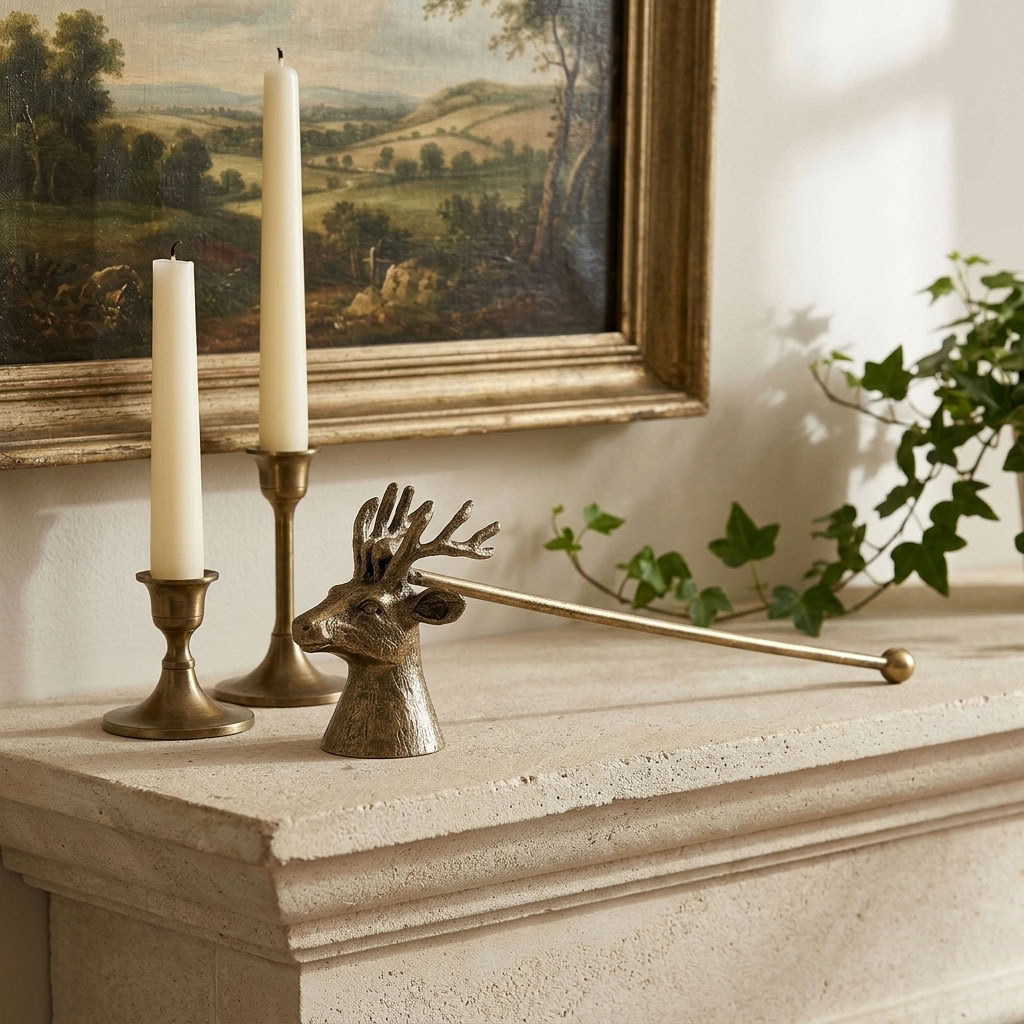 Antique Gold Stag Candle Snuffer resting on a traditional mantelpiece alongside ivory candles, antique brass candlesticks and framed artwork.