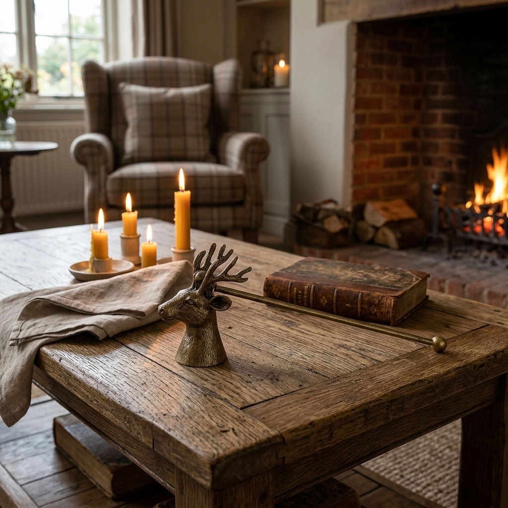 Antique Gold Stag Candle Snuffer displayed on a rustic oak coffee table with glowing candles and antique books in a traditional sitting room.