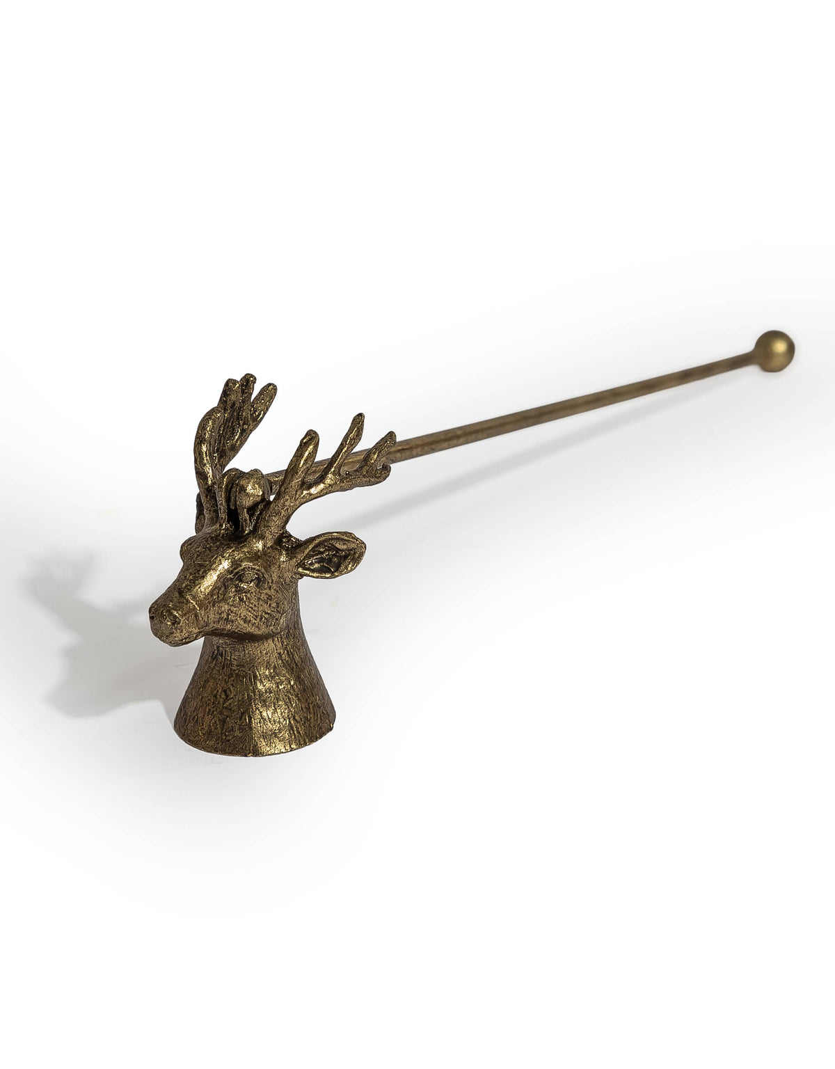 Antique Gold Stag Candle Snuffer featuring a detailed deer head with antlers and a long slender handle