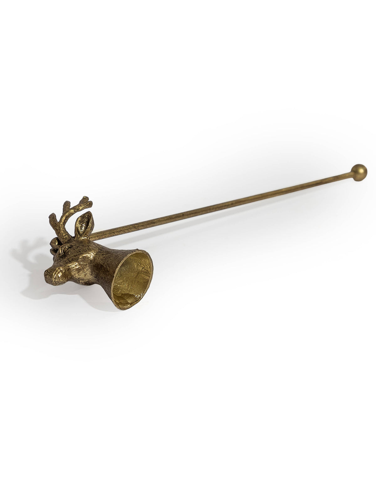 Antique Gold Stag Candle Snuffer shown from an alternative angle with sculpted stag head and antique gold finish