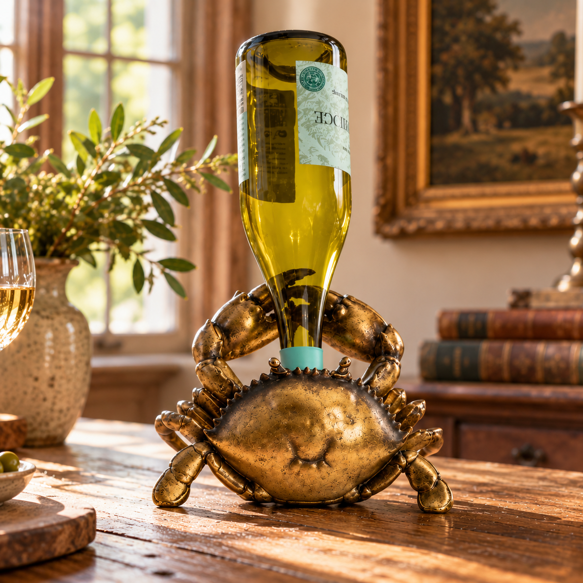 Antique Gold Thirsty Crab Wine Bottle Holder holding an inverted wine bottle on a rustic oak table with wine glass, greenery and vintage books.