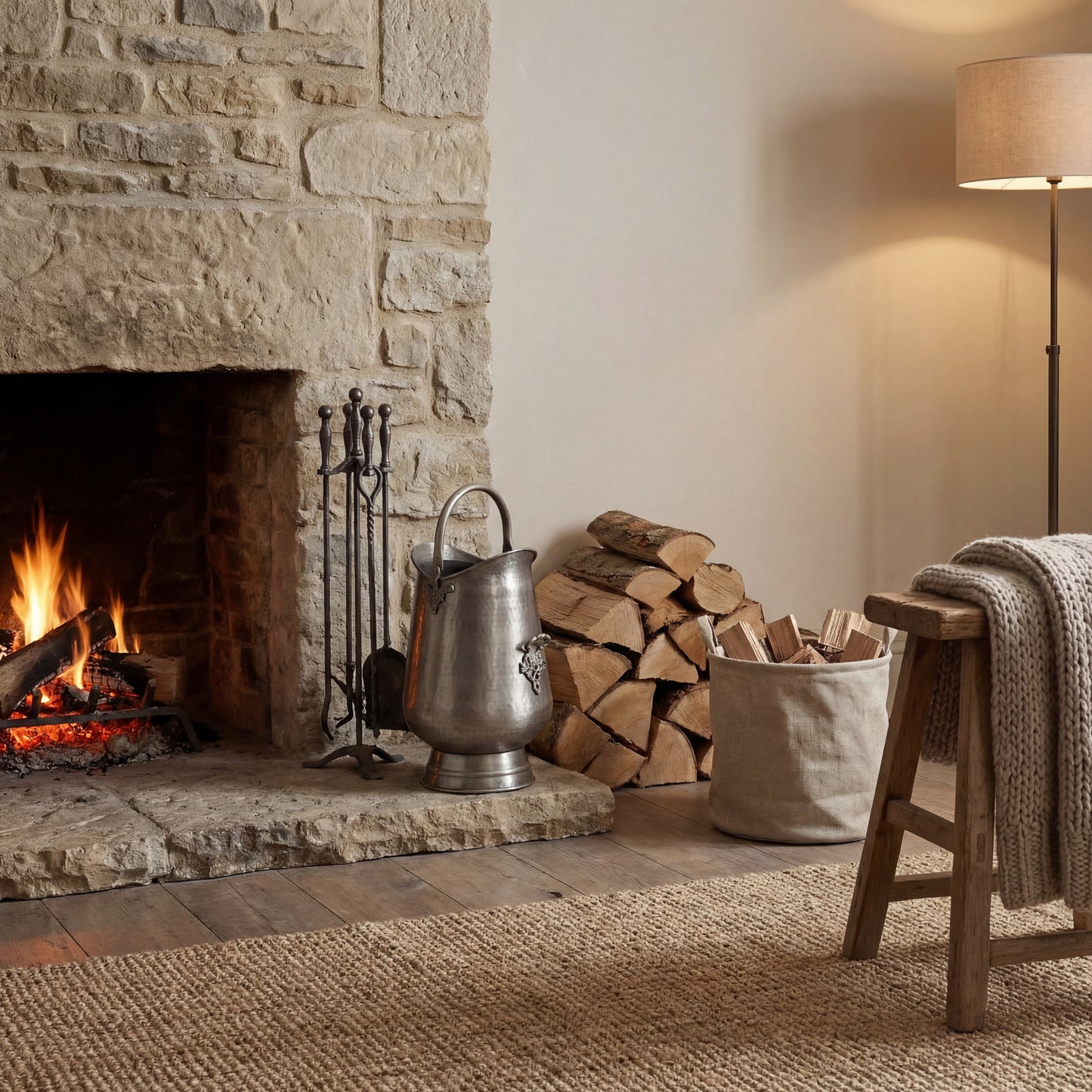 Antique Pewter Coal Bucket styled beside a traditional stone fireplace in a warm country interior