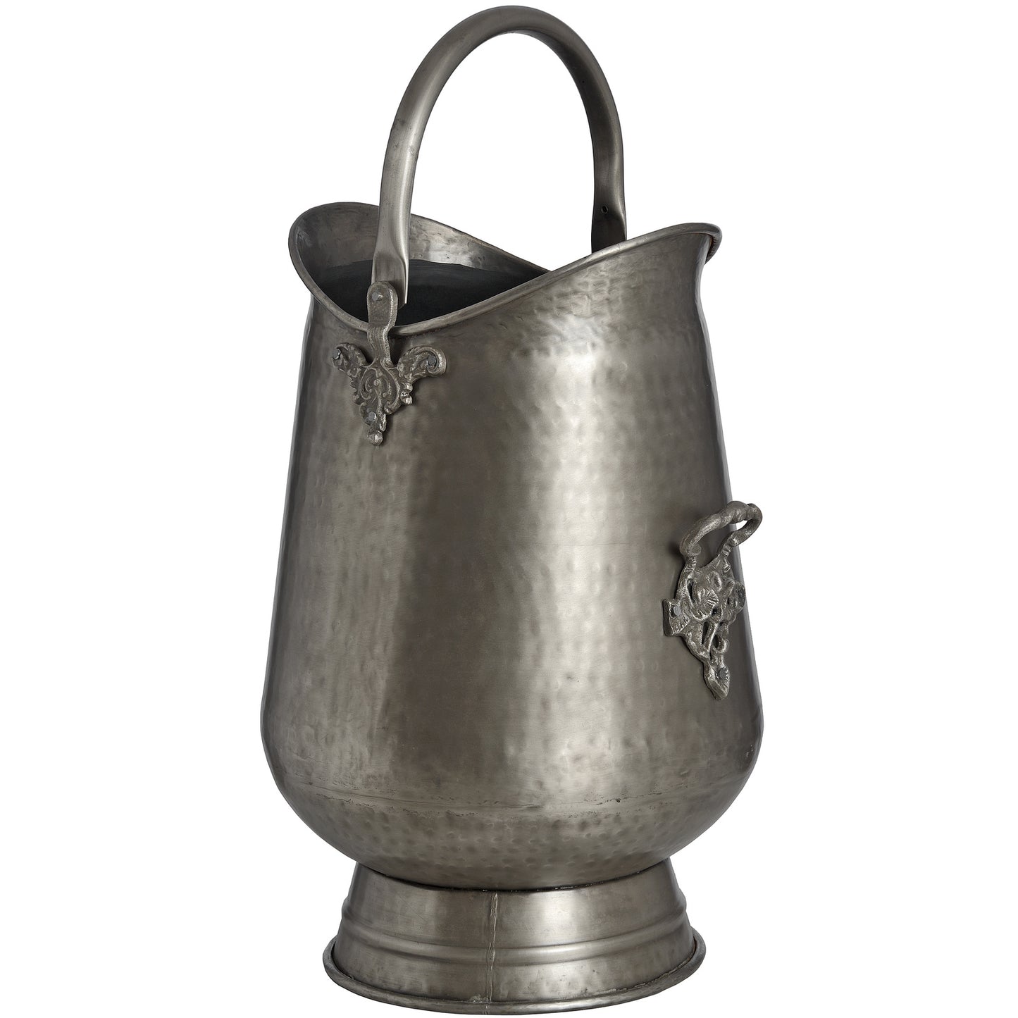 Antique Pewter Coal Bucket with curved gun metal body, carrying handle and decorative detailing