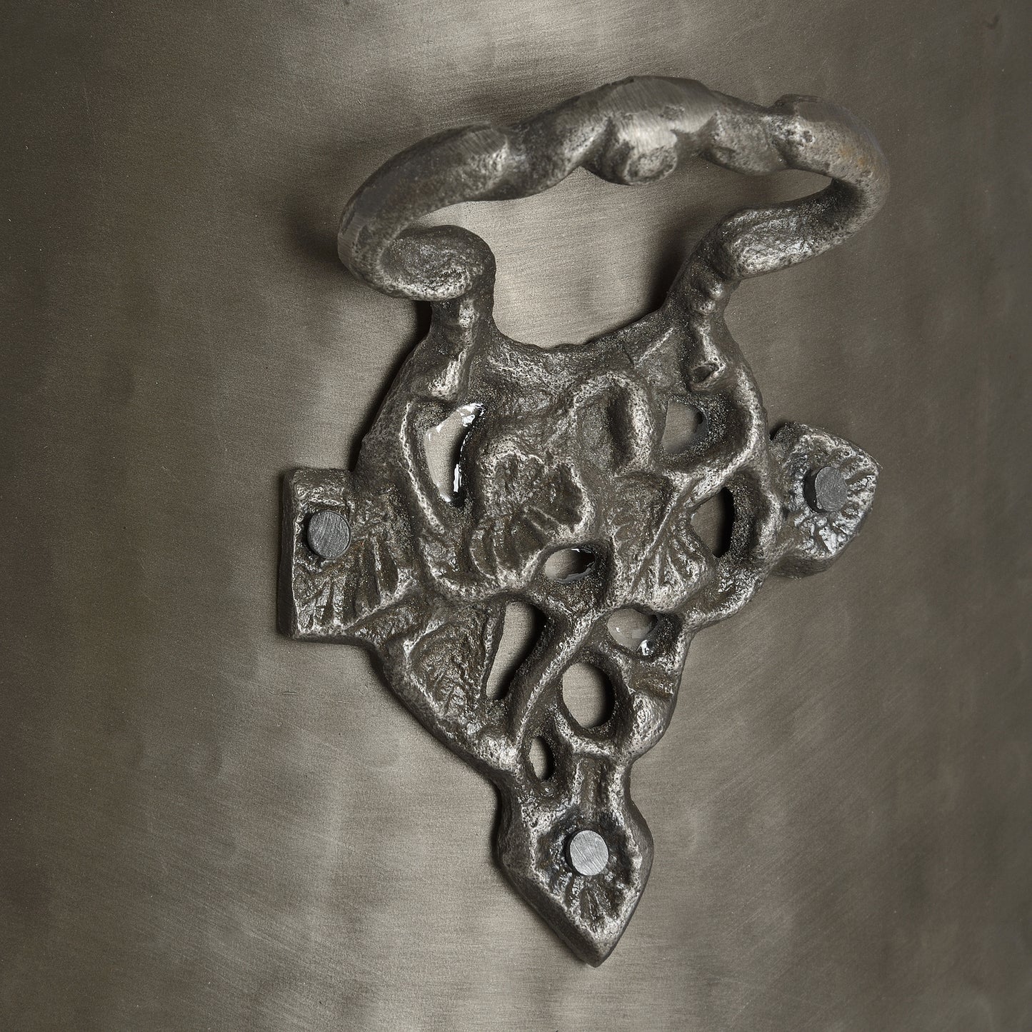 Antique Pewter Coal Bucket close-up showing the ornate decorative handle attachment