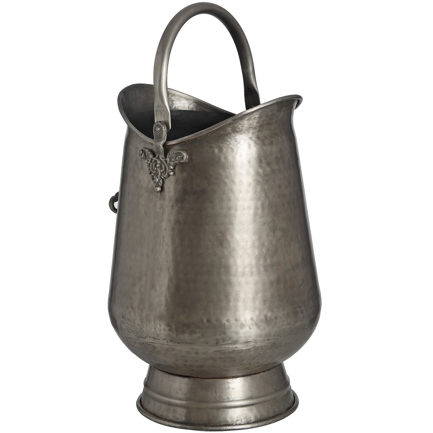 Antique Pewter Coal Bucket showing its curved metal form, antique-style finish and carrying handle