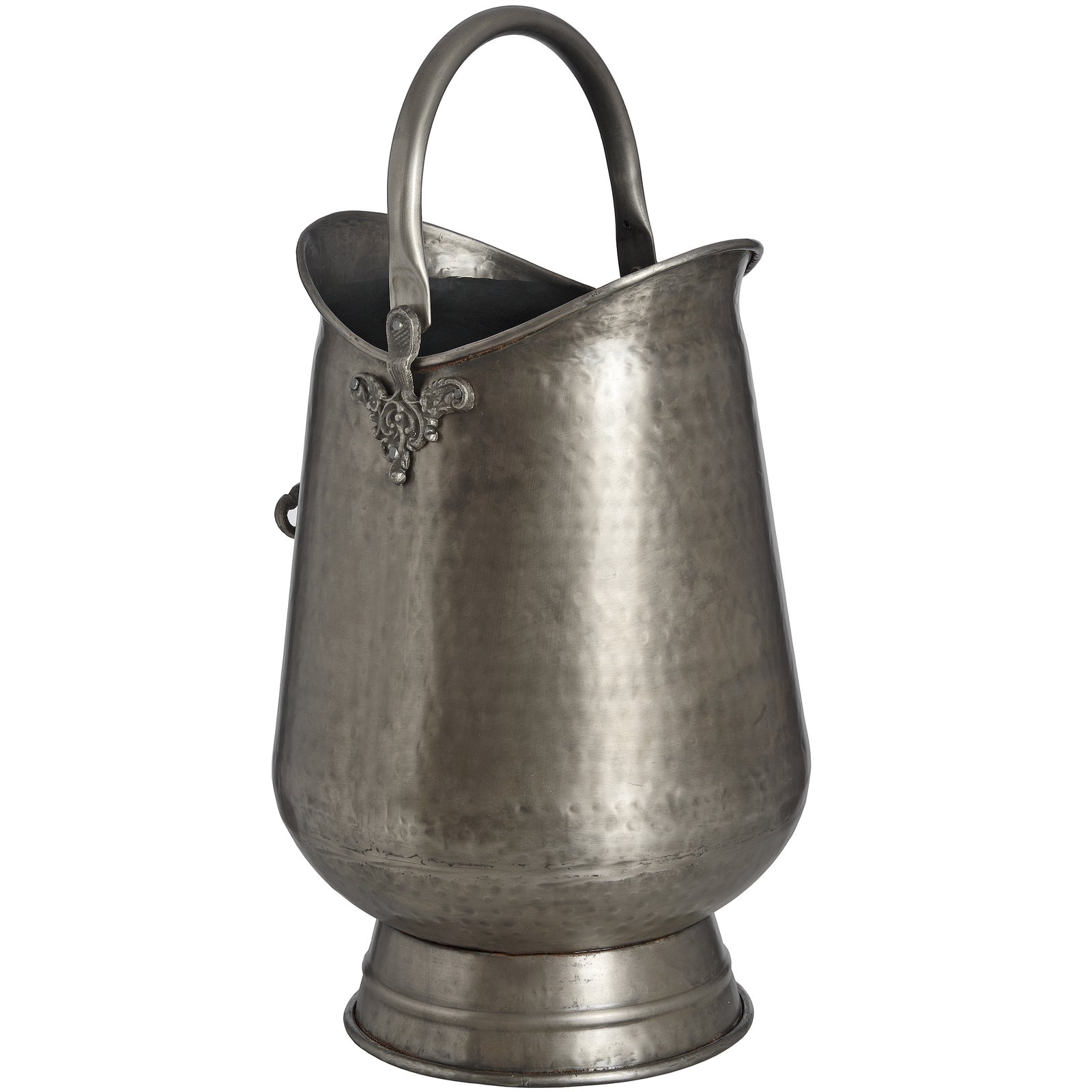 Antique Pewter Coal Bucket showing its curved metal form, antique-style finish and carrying handle