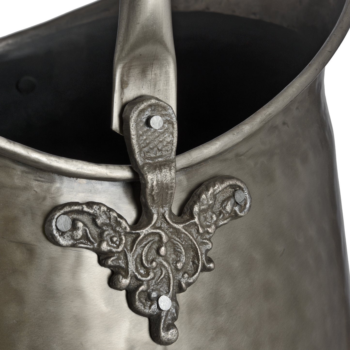 Antique Pewter Coal Bucket close-up showing the handle fixing, decorative metalwork and gun metal finish