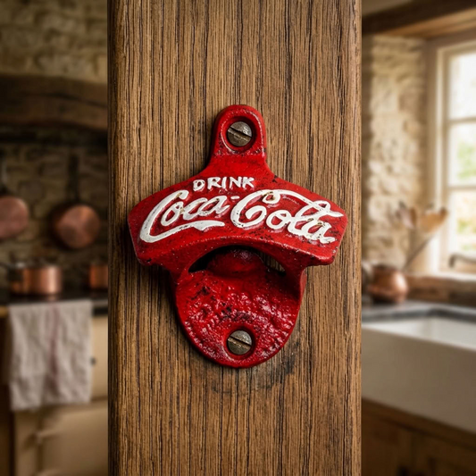 Antique red cast iron wall-mounted bottle opener fixed to aged oak in a warm traditional kitchen setting.
