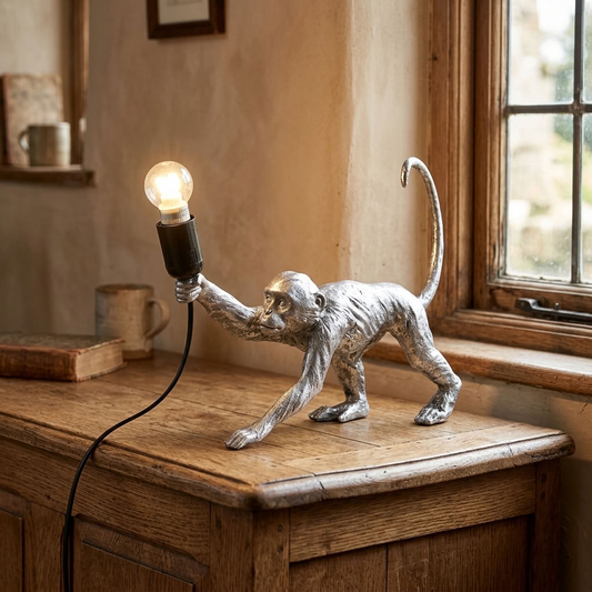 Antique silver crawling monkey table lamp with glowing bulb displayed on a rustic oak chest beside a traditional window.