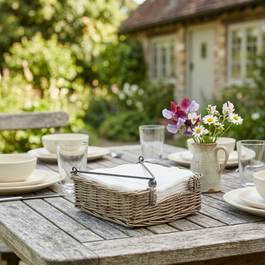 Antique Wash Napkin Holder with white napkins on an outdoor dining table in an English cottage garden.