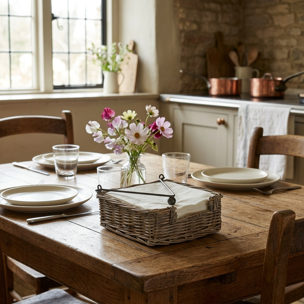 Antique Wash Napkin Holder with white napkins styled on a dining table in an English country dining room.