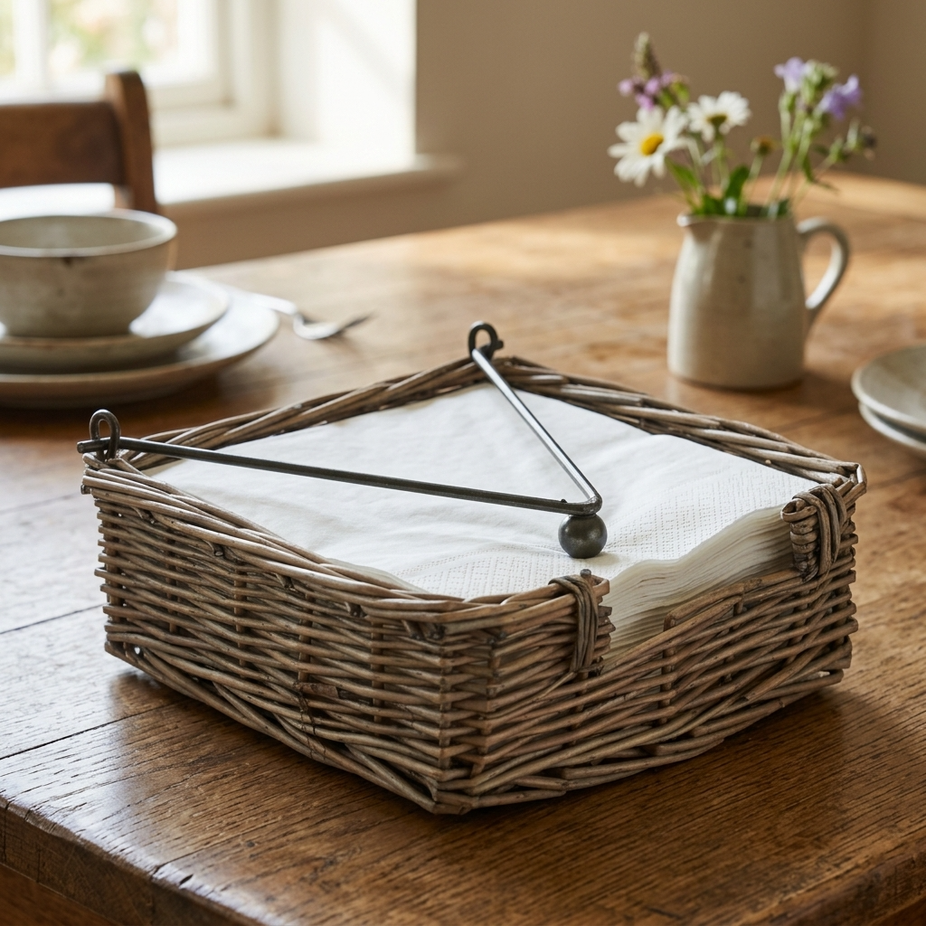 Antique Wash Napkin Holder with white napkins on a rustic oak dining table in a country home.