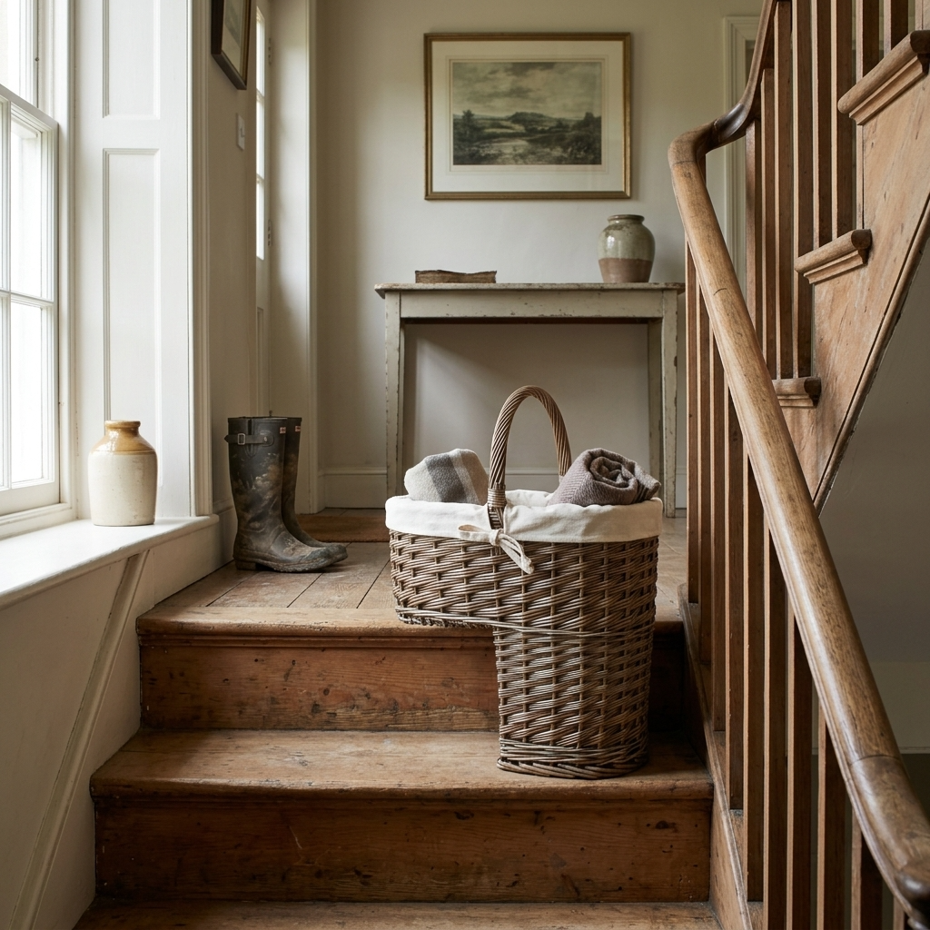Antique Wash Stair Basket with white lining on a wooden staircase in a traditional country home