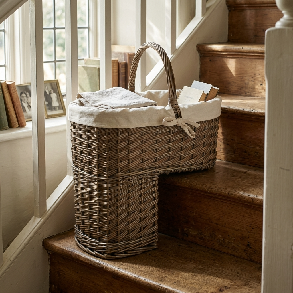 Antique Wash Stair Basket with white lining in use across two wooden stair treads