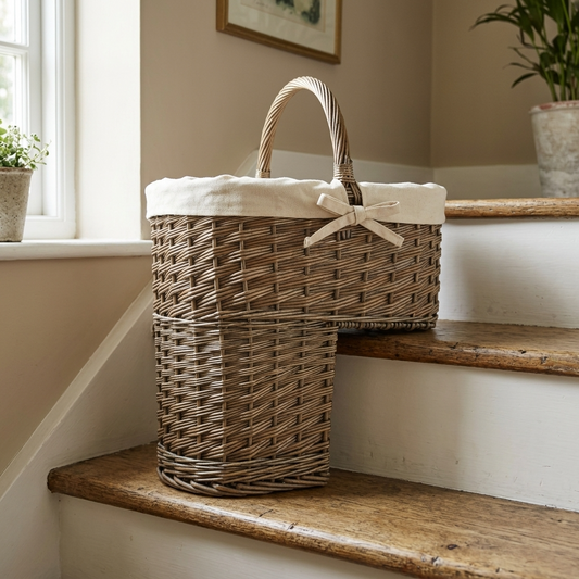 Antique Wash Stair Basket with white lining positioned across wooden stairs in a country home