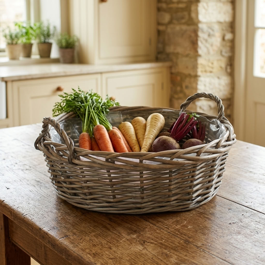 Large Round Antique Wash Willow Display Basket filled with fresh root vegetables on a rustic farmhouse kitchen table.