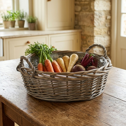 Large Round Antique Wash Willow Display Basket filled with fresh root vegetables on a rustic farmhouse kitchen table.