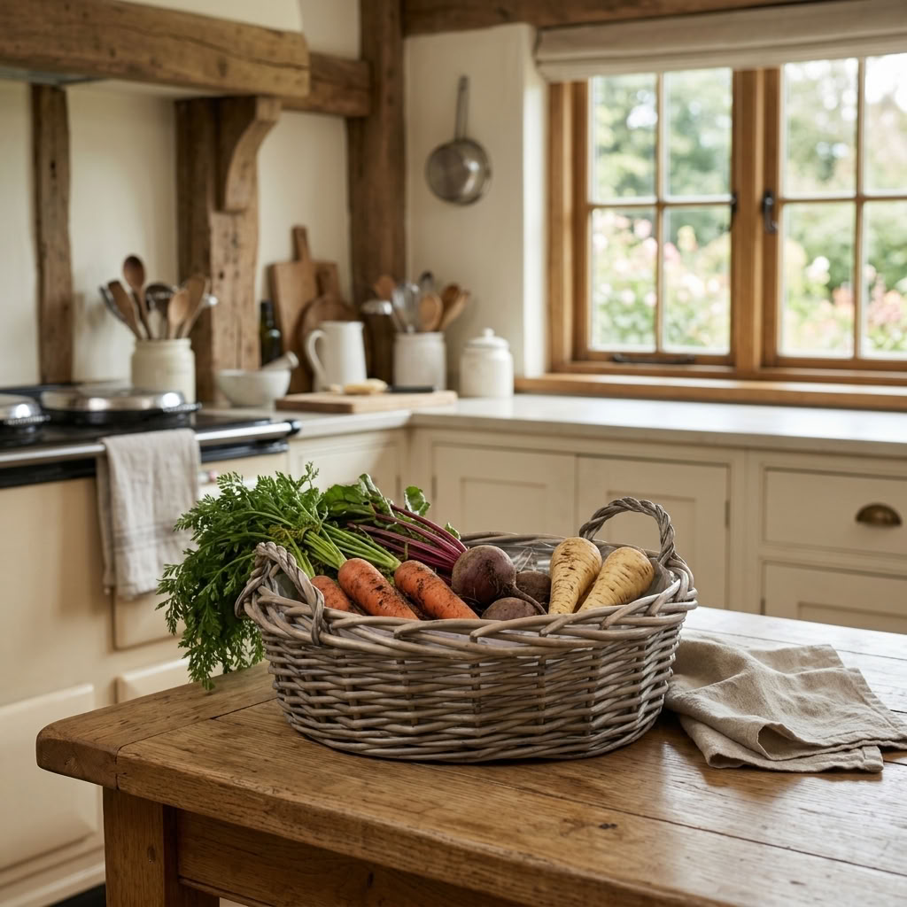 Large Round Antique Wash Willow Display Basket holding seasonal vegetables on a wooden table in a traditional English country kitchen.