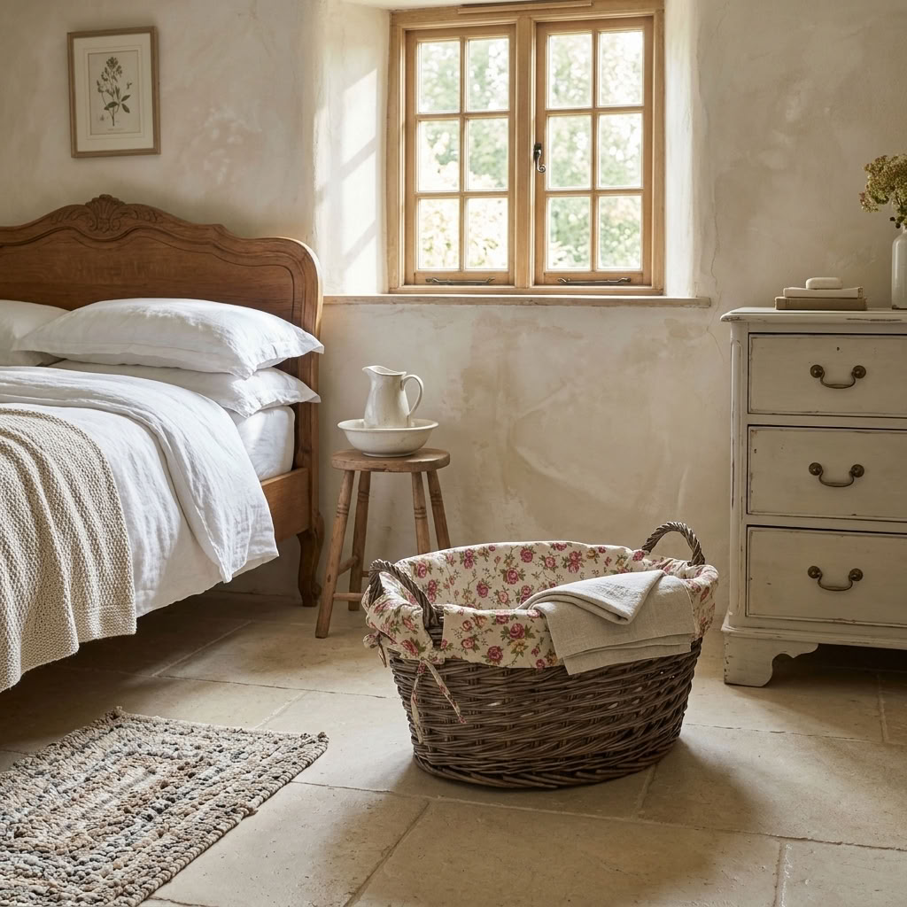 Antique Wash Willow Laundry Basket with pink Garden Rose floral lining beside a traditional wooden bed in a bright English country cottage bedroom.