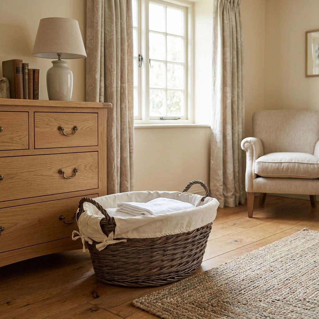 Antique Wash Willow Laundry Basket with White Lining beside a wooden chest of drawers in an English country bedroom