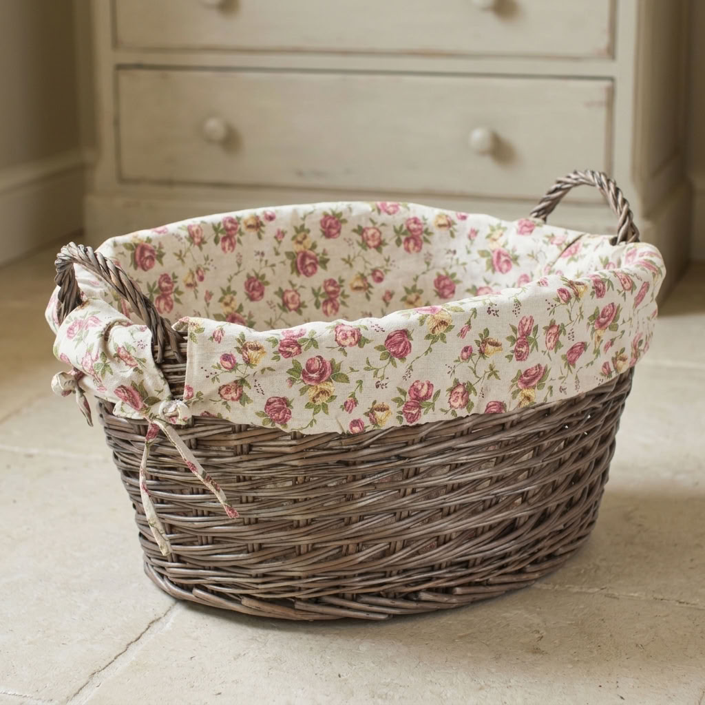 Antique Wash Willow Laundry Basket with Garden Rose Lining showing its pink floral fabric, oval wicker shape and woven handles in a country cottage bedroom.
