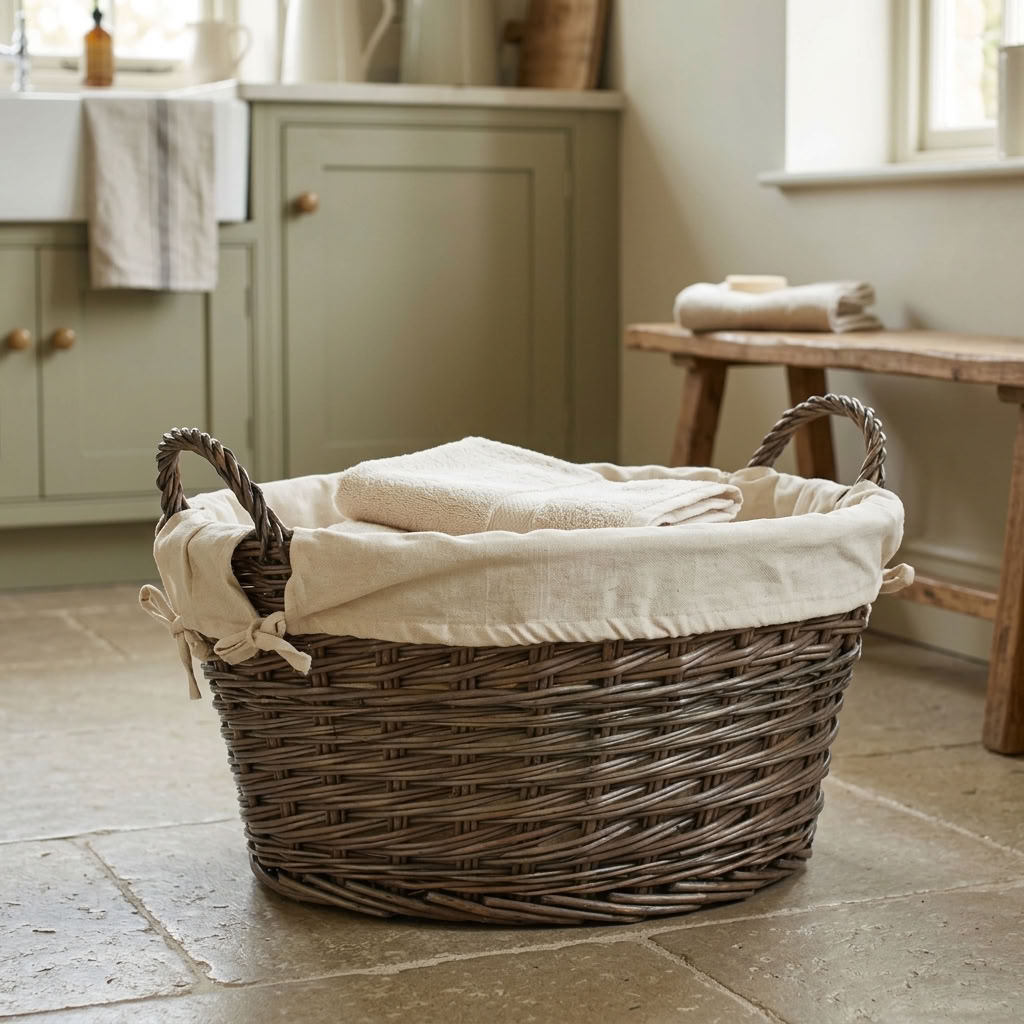 Antique Wash Willow Laundry Basket with White Lining in a traditional country utility room with folded towels