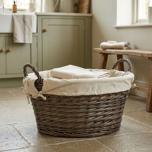 Antique Wash Willow Laundry Basket with White Lining in a traditional country utility room with folded towels