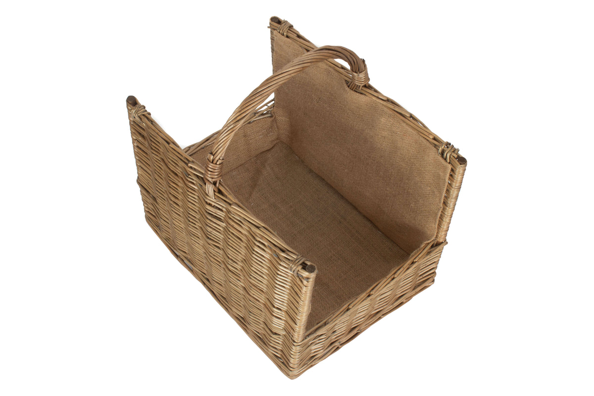 Antique wash willow open end log basket tilted to reveal its spacious interior and natural hessian lining